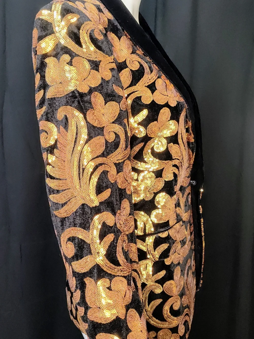 Bling Tuxedo Blazer Black Velvet W/Gold Floral Sequin Pattern 14Y Sz